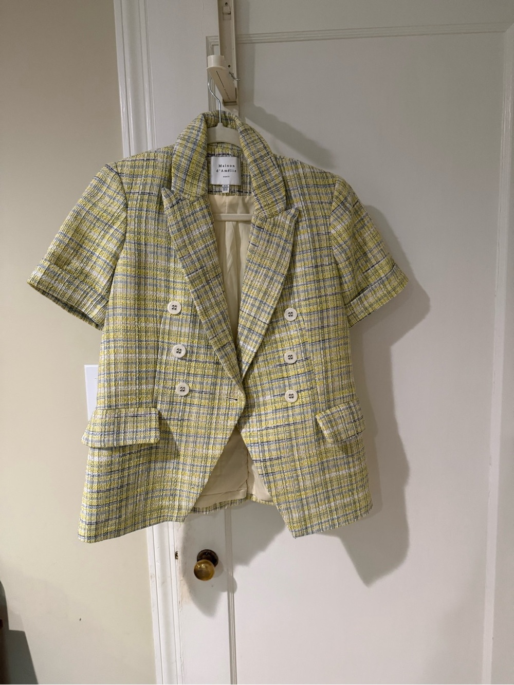 Short-Sleeve Yellow Plaid Double-Breasted Blazer